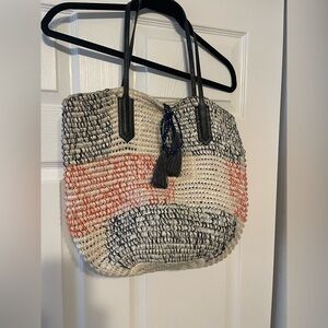 J. Crew Woven Straw Tote in Cream, Black & Coral